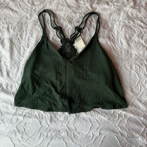 Aerie Army Green Crop Top Lace Detail Racerback Built in Bra